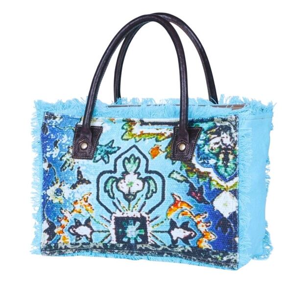 Myra Bag Handbags - Myra Bag Ocean Live Small Tote Bag Womens Turquoise Canvas Leather Rug Boho